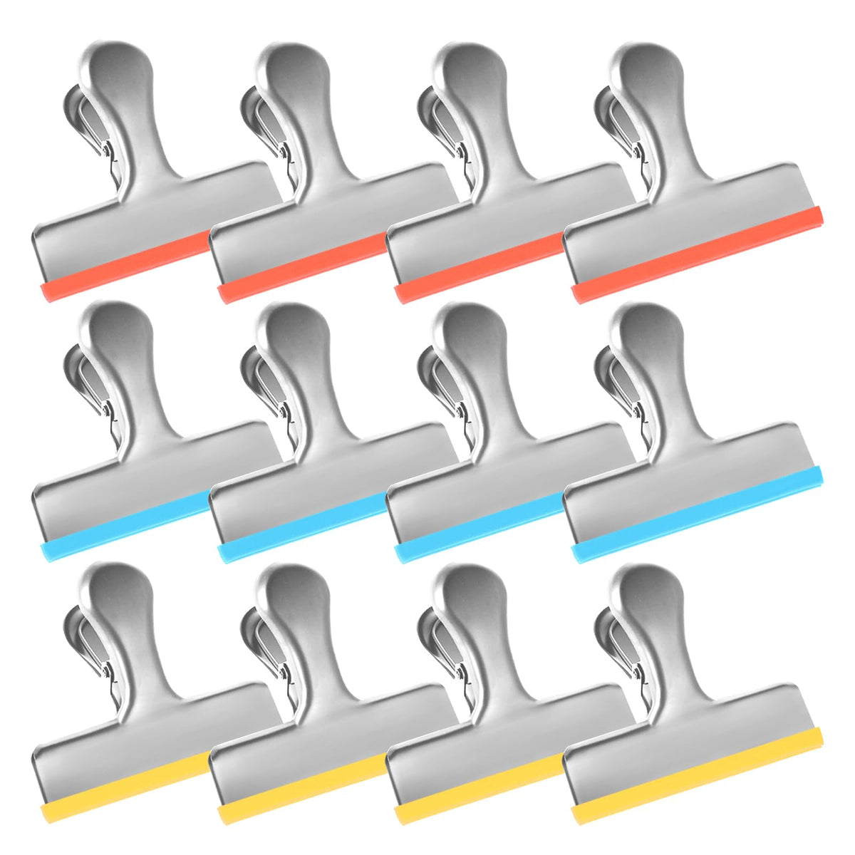 HOUSE AGAIN 12 Pack Stainless Steel Chip Bag Clips Covered with Silicone - NO More Sharp Edges - Color Coded for Food Bags - Air Tight Seal, Heavy Duty for Kitchen and Office, 3 Inches