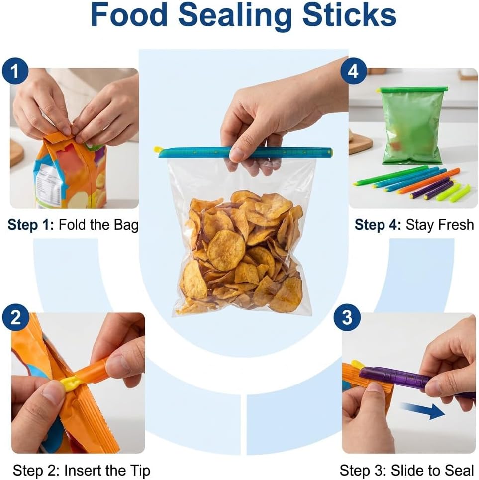 20pc Magic Bag Sealer Sticks Reusable Plastic Food Storage Clips Multi-Size Airtight Watertight Closures for Snacks Chips Cereal Pantry Organization Kitchen Gadgets