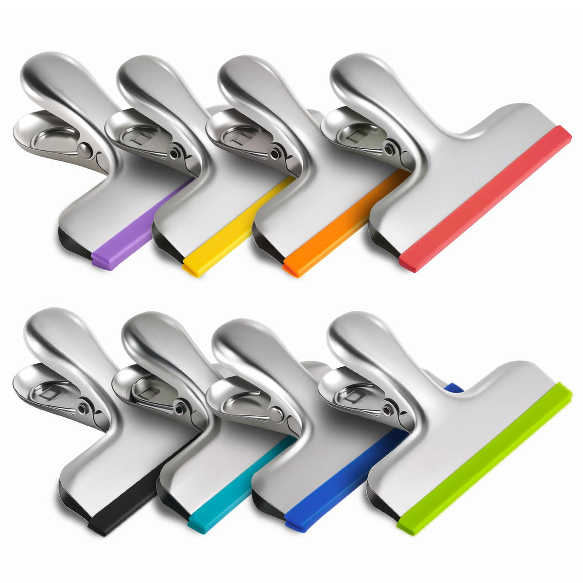 HOUSE AGAIN 8 Pack Stainless Steel Chip Bag Clips Covered with Silicone - NO More Sharp Edges - Color Coded for Food Bags - Air Tight Seal, Heavy Duty for Kitchen and Office, 3 Inches Wide, Black