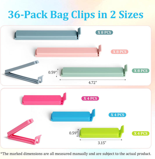 Plastic Chip Clips 36 Pack, 2 Colorful Assorted Sizes, Sturdy Food Bag Sealing Clips for Potato Chips, Coffee and Snacks, Dishwasher & Freezer Safe Kitchen Organizer