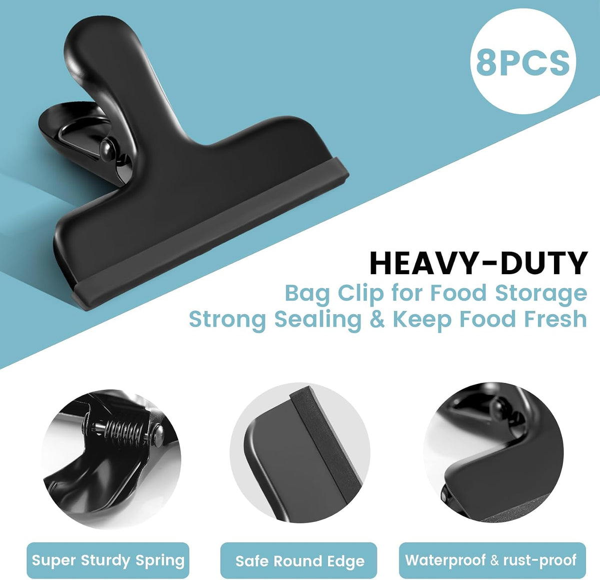 HOUSE AGAIN 8 Pack Stainless Steel Chip Bag Clips Covered with Silicone - NO More Sharp Edges - Color Coded for Food Bags - Air Tight Seal, Heavy Duty for Kitchen and Office, 3 Inches Wide, Black