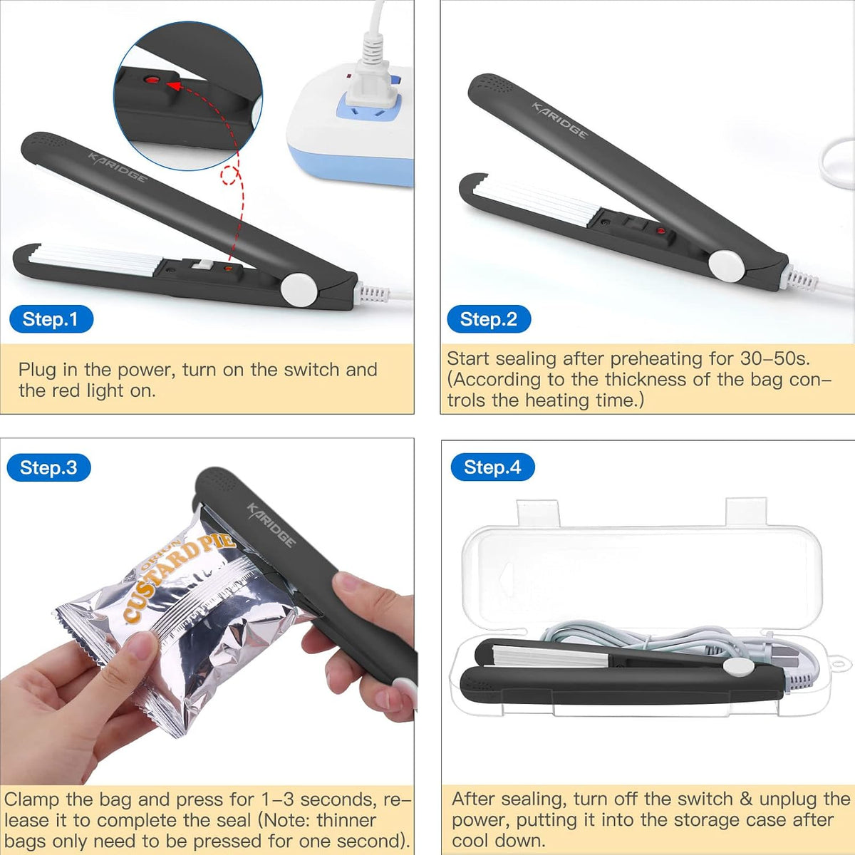 Karidge chip Bag Sealer Mini, Handheld Heat Sealer for Chip Bags and Mylar Bags, Portable Bag Resealer for Food Storage - Black