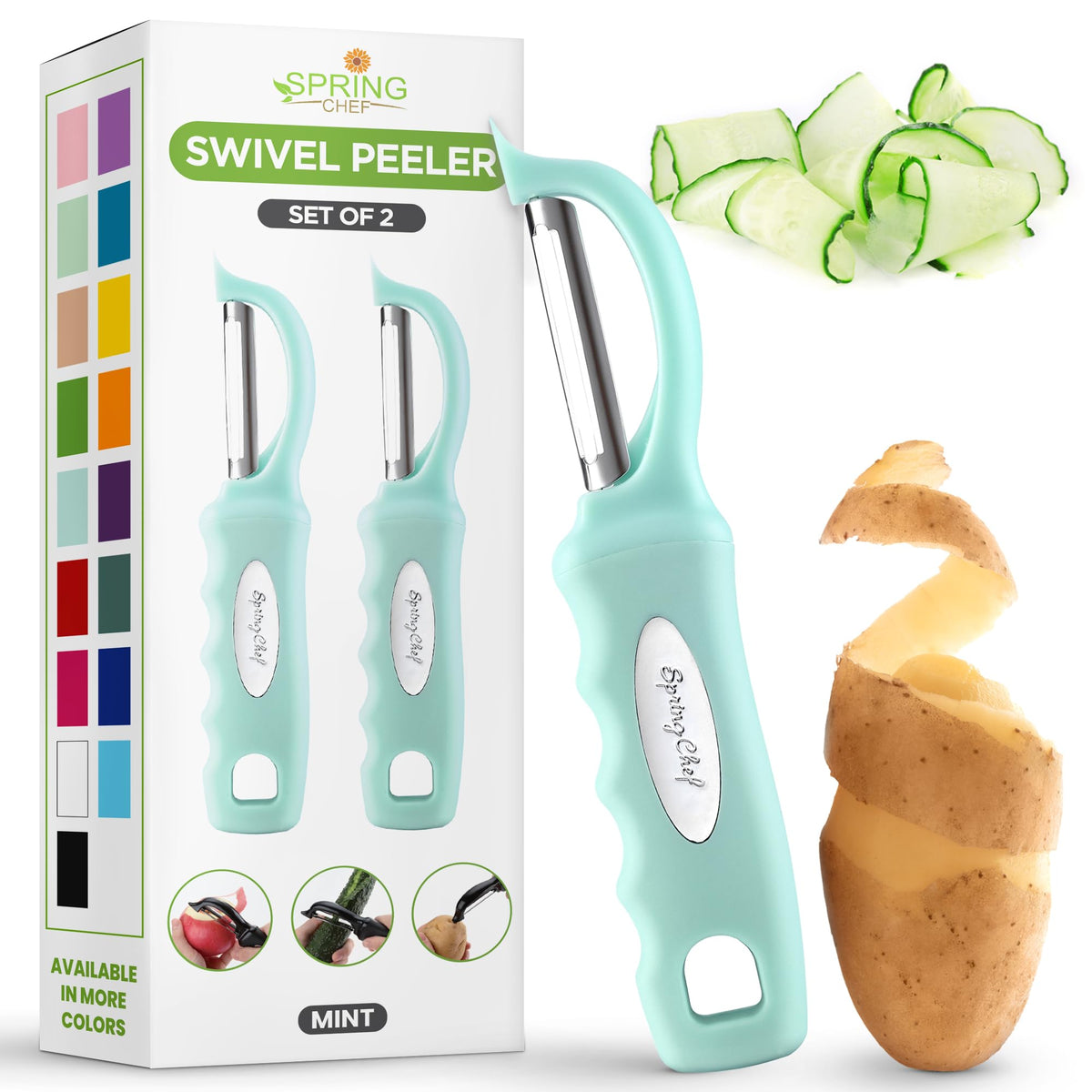 Spring Chef Swivel Potato Peeler for Kitchen w/Soft Grip Handle, Sapphire