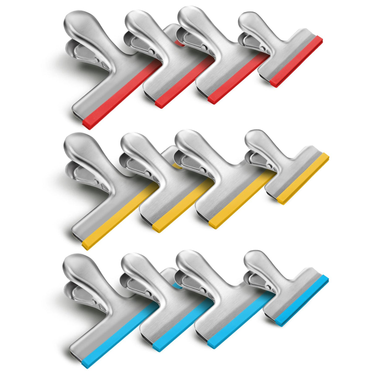 HOUSE AGAIN 8 Pack Stainless Steel Chip Bag Clips Covered with Silicone - NO More Sharp Edges - Color Coded for Food Bags - Air Tight Seal, Heavy Duty for Kitchen and Office, 3 Inches