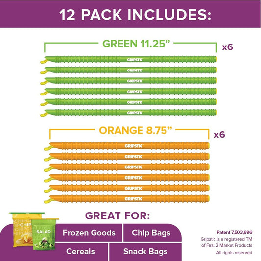GripStic Bag Sealer - 12-Pack Large Reusable Bag Clips, Original Airtight & Waterproof Seal for Food Storage
