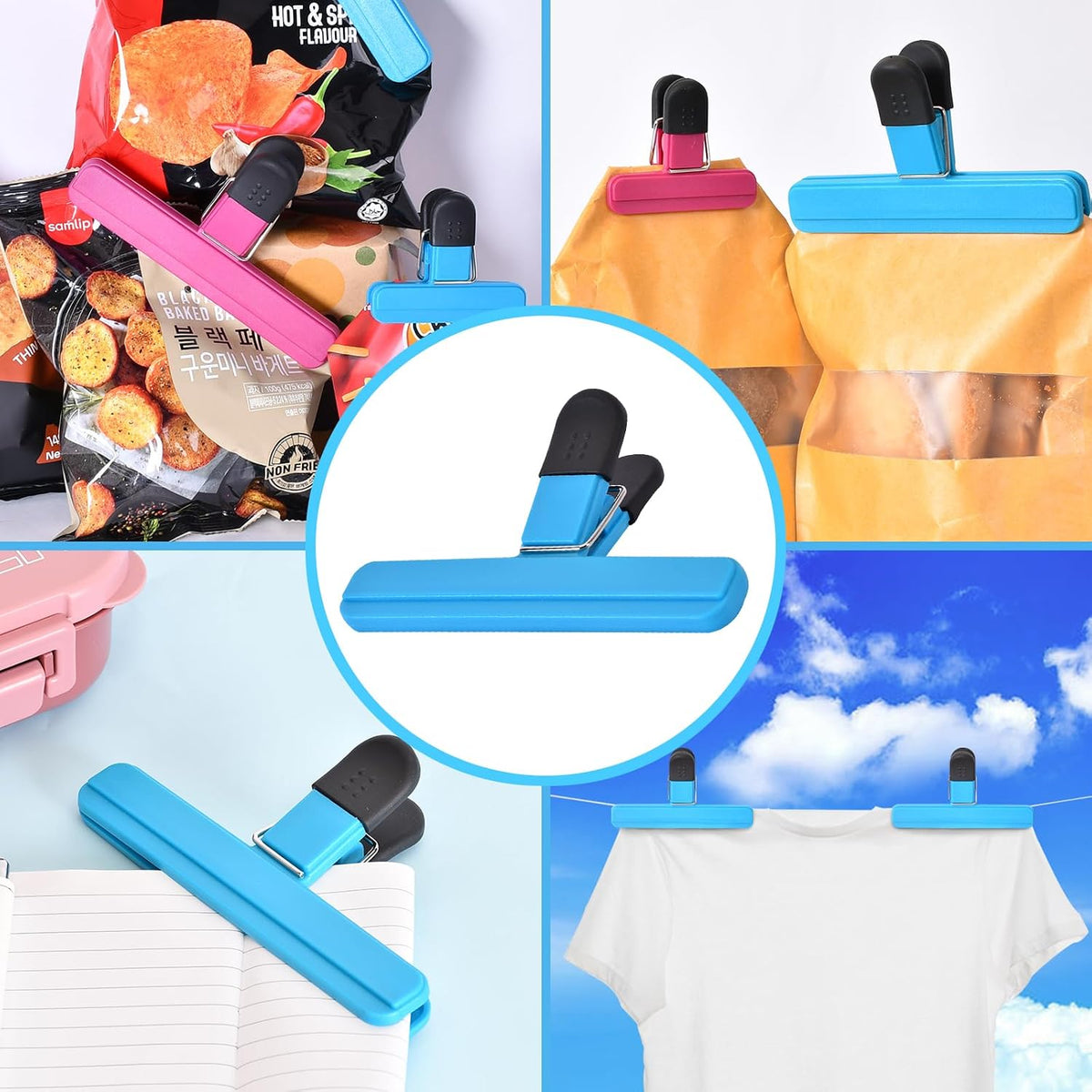 Zhtulck 12 PCS Chip Clips Bag Clips Food Clips for Bags Sealing Clip Large Size Food Bag Clips for Food Storage Kitchen and Home(6.1in x4,3.07in x8)