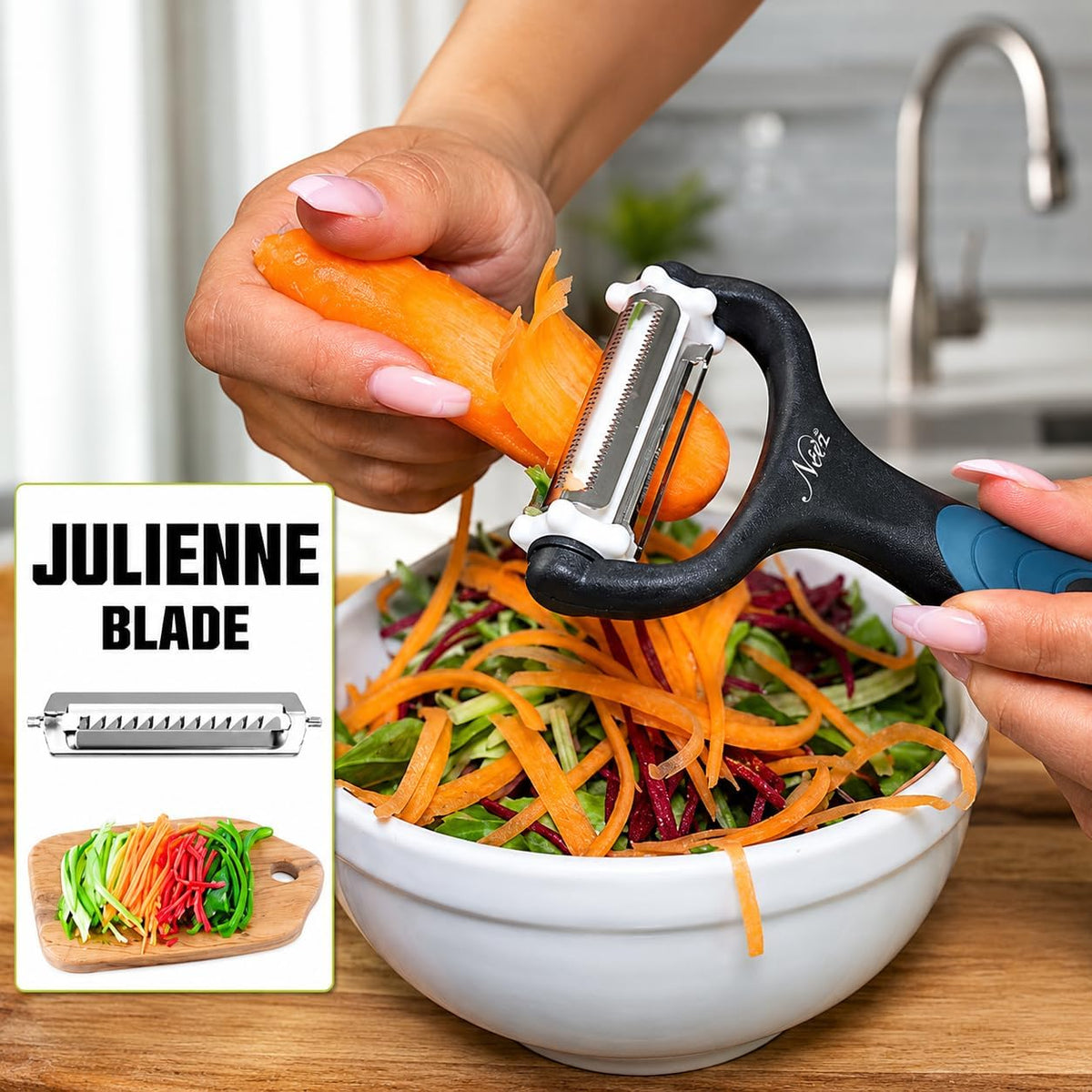 3 in 1 Julienne Peeler, Vegetable Peeler & Fruit Peeler | Premium Julienne Shredder Tool-Multifunctional Y Peelers for Kitchen | Sharp Julian Peeler for Carrot Cucumber-Pelador De Verduras Y Vegetales