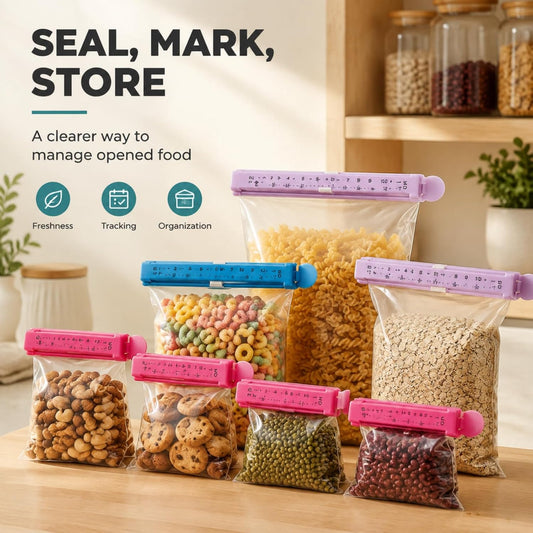 6 food bag sealing clips with built-in date scale-heavy reusable kitchen sealer for French fries, bread, snacks and leftovers (3 sizes in random colors) (6 sealing clips)