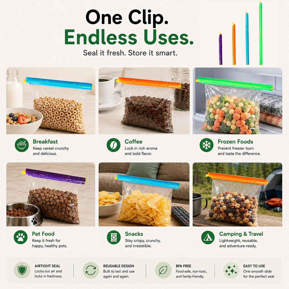 Food Bag Sealers, 12 Pack Slide-On Bag Clips for Chips & Snacks