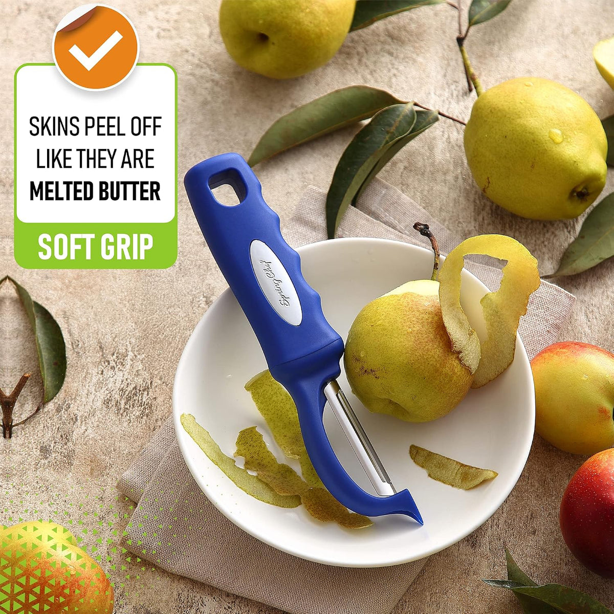 Spring Chef Swivel Potato Peeler for Kitchen w/Soft Grip Handle, Sapphire