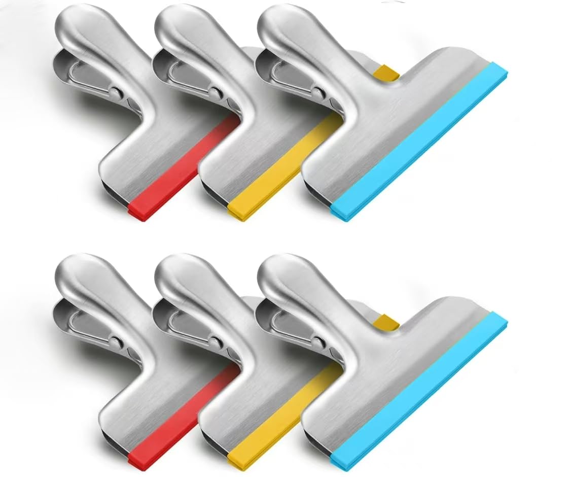 HOUSE AGAIN 8 Pack Stainless Steel Chip Bag Clips Covered with Silicone - NO More Sharp Edges - Color Coded for Food Bags - Air Tight Seal, Heavy Duty for Kitchen and Office, 3 Inches Wide, Black