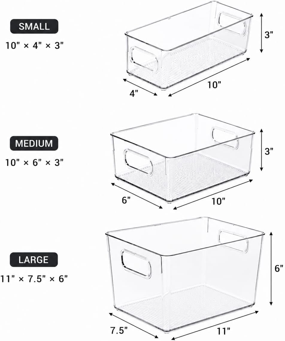 Set of 5 Stackable Fridge Organizers and Storage Bins, 2 Small, 2 Medium & 1 Large Clear Plastic Pantry Organizer Bins with Handles, BPA-Free PET Food Storage Boxes for Kitchen, Freezer & Cabinet