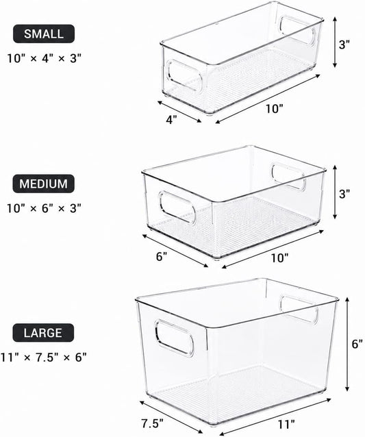 Set of 5 Stackable Fridge Organizers and Storage Bins, 2 Small, 2 Medium & 1 Large Clear Plastic Pantry Organizer Bins with Handles, BPA-Free PET Food Storage Boxes for Kitchen, Freezer & Cabinet