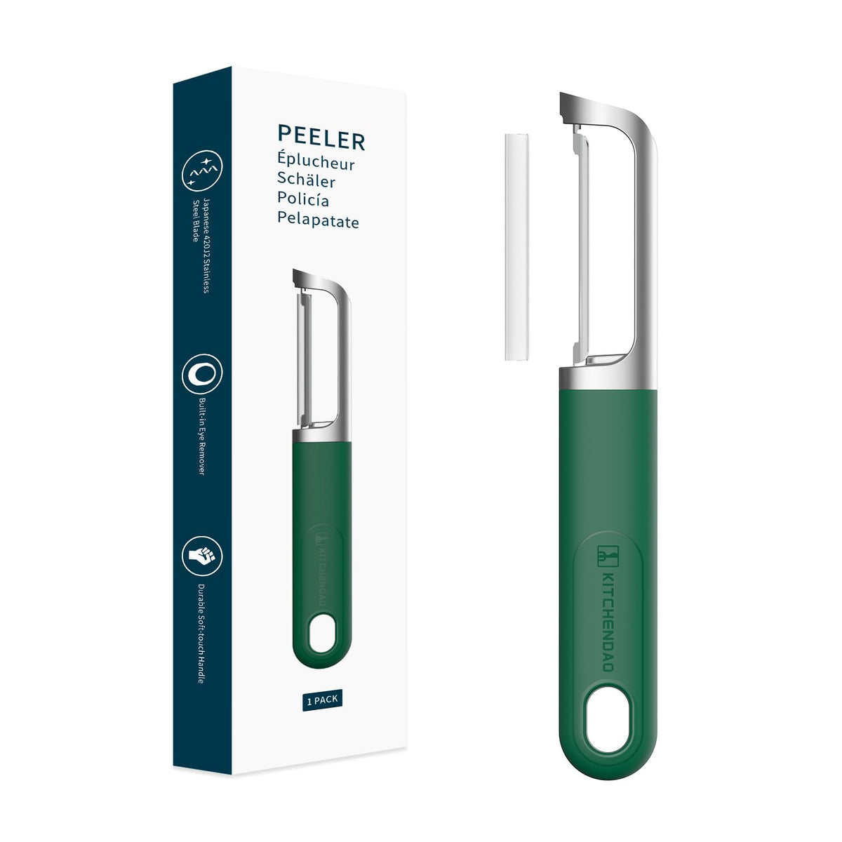 KITCHENDAO Swivel Vegetable Potato Peeler for Kitchen, Japanese Stainless Steel Sharp Blade, Heavy Duty Die-cast Construction, Built-in Eye Remover, Soft-touch Handle, Dishwasher Safe, Green