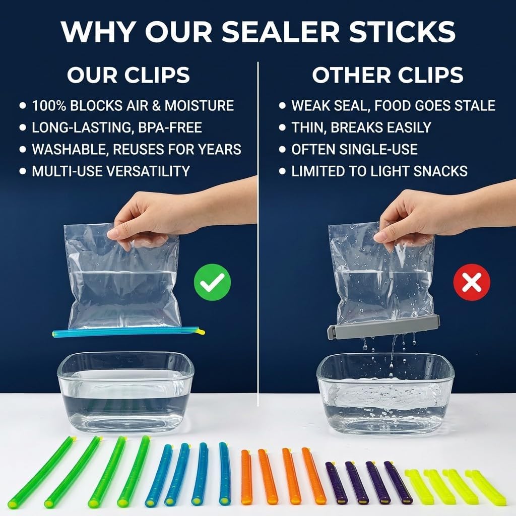20pc Magic Bag Sealer Sticks Reusable Plastic Food Storage Clips Multi-Size Airtight Watertight Closures for Snacks Chips Cereal Pantry Organization Kitchen Gadgets