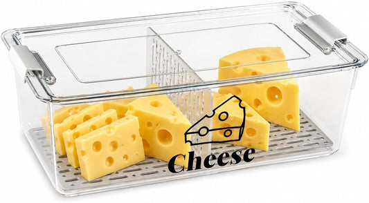 Cheese Container Airtight with Draining Basket Cream Block Cheese Sliced Cheeses Box with Lid for Fridge Shredded Saver 2 Compartment Deli Meat Storage Box,Cheeses Sliced,Grated,Cheddar Keeper