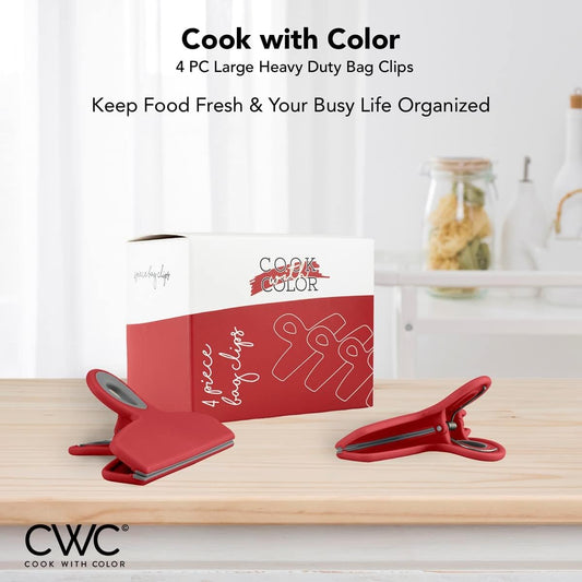 COOK WITH COLOR Bag Clips - Heavy Duty Chip Clip and Refrigerator Magnet for Food Storage with Air Tight Seal Grip, Bright Colors, Pack of 4 Large.