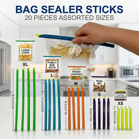20pc Magic Bag Sealer Sticks Reusable Plastic Food Storage Clips Multi-Size Airtight Watertight Closures for Snacks Chips Cereal Pantry Organization Kitchen Gadgets
