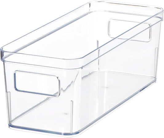 Ultra-thin small transparent plastic storage box, 12"x4.5"x4 with built-in handle, stackable, suitable for refrigerator door frame, storage room seasoning frame, cabinets and drawers.