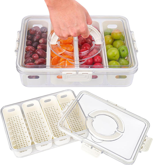 AIERSA Snackle Box Container,Divided Serving Tray with Lid,4 Compartment Travel Snack Container,Fruit Veggie Tray with Lid for Fridge Fresh Keeping,Portable Snack Tray for Picnic,Party,Travel