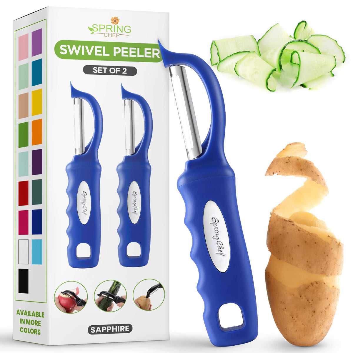 Spring Chef Swivel Potato Peeler for Kitchen w/Soft Grip Handle, Sapphire