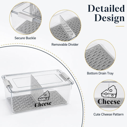 Cheese Container Airtight with Draining Basket Cream Block Cheese Sliced Cheeses Box with Lid for Fridge Shredded Saver 2 Compartment Deli Meat Storage Box,Cheeses Sliced,Grated,Cheddar Keeper