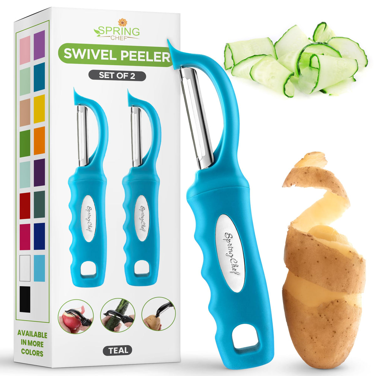 Spring Chef Swivel Potato Peeler for Kitchen w/Soft Grip Handle, Sapphire