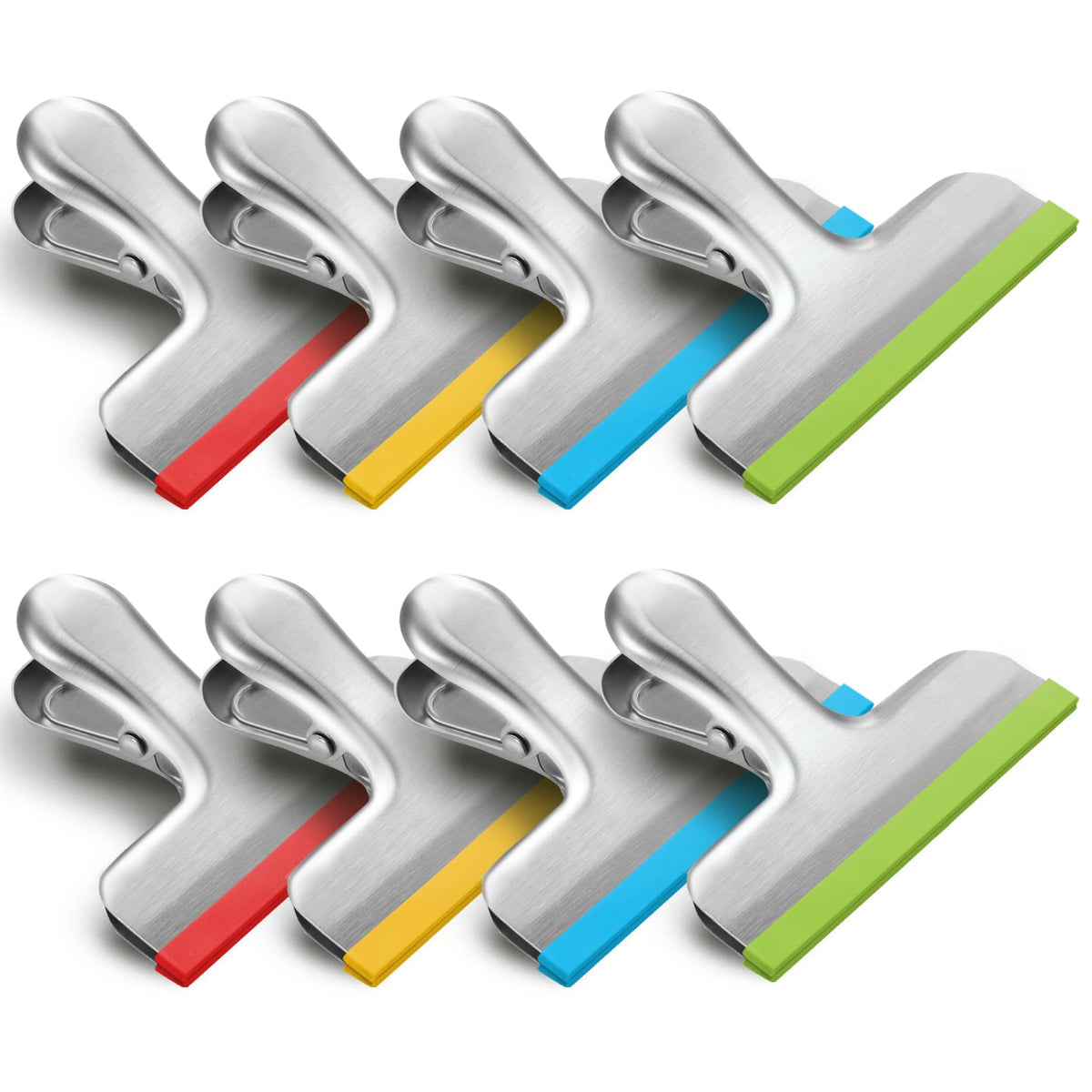 HOUSE AGAIN 8 Pack Stainless Steel Chip Bag Clips Covered with Silicone - NO More Sharp Edges - Color Coded for Food Bags - Air Tight Seal, Heavy Duty for Kitchen and Office, 3 Inches Wide, Black