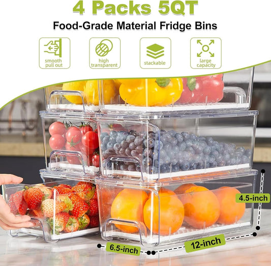 Pull-Out Fridge Organizer, 4-Pack Clear Refrigerator Storage Bins