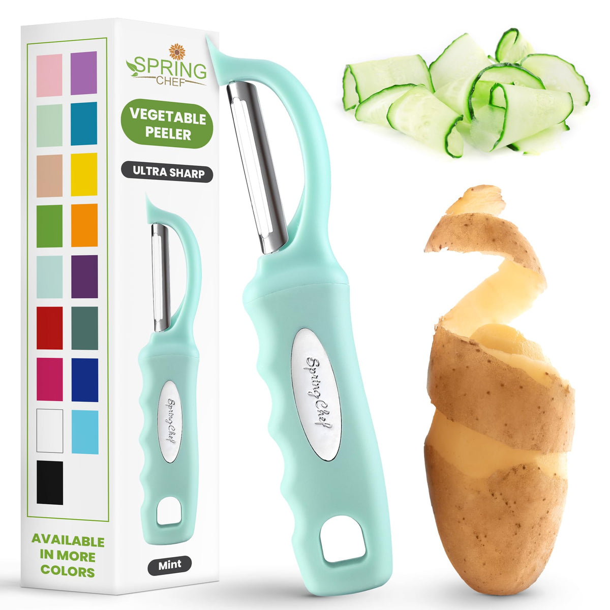 Spring Chef Swivel Potato Peeler for Kitchen w/Soft Grip Handle, Sapphire