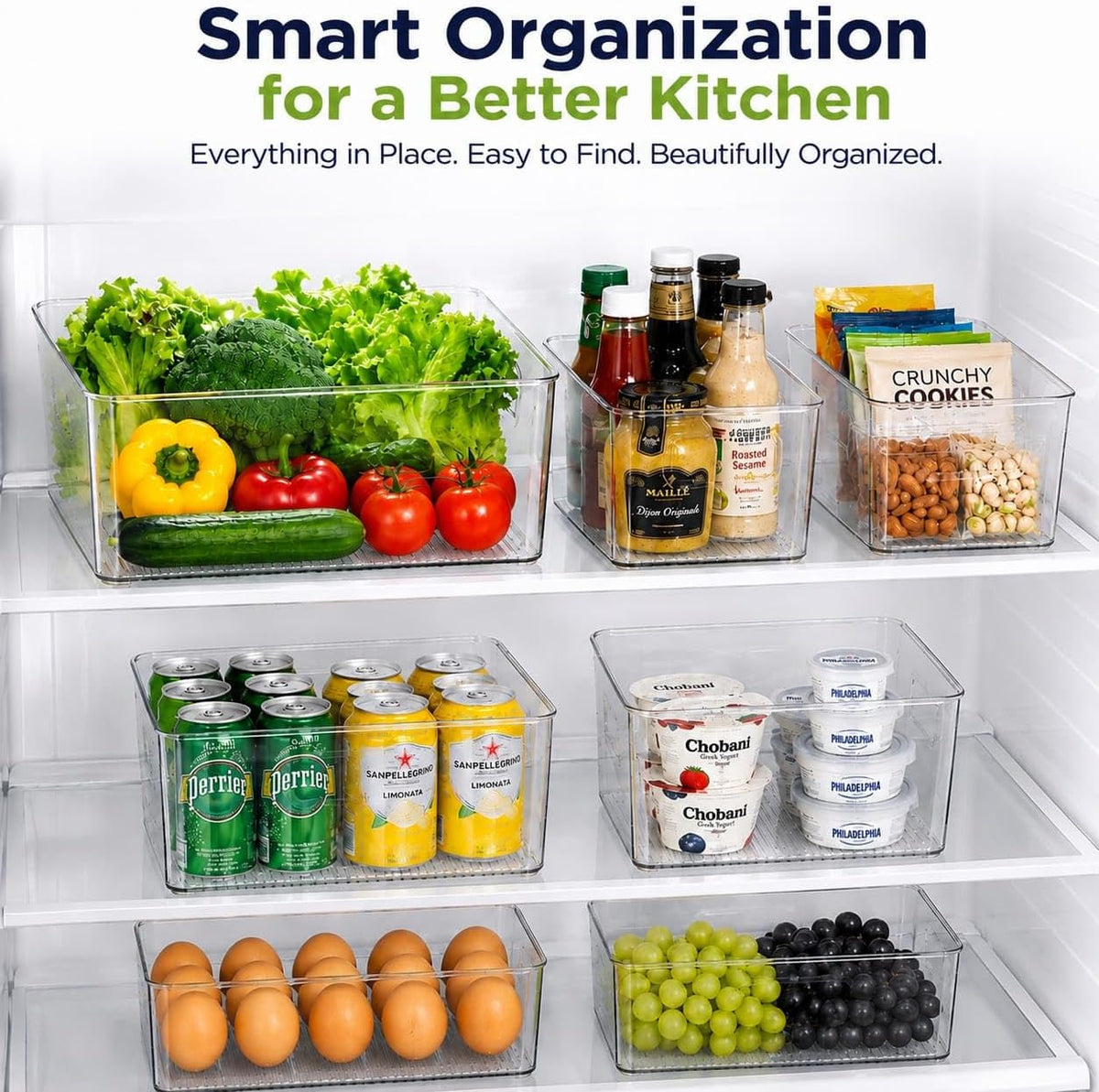 Set of 5 Stackable Fridge Organizers and Storage Bins, 2 Small, 2 Medium & 1 Large Clear Plastic Pantry Organizer Bins with Handles, BPA-Free PET Food Storage Boxes for Kitchen, Freezer & Cabinet