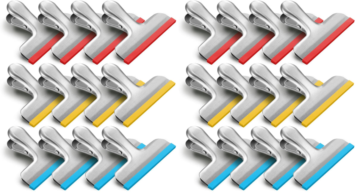 HOUSE AGAIN 8 Pack Stainless Steel Chip Bag Clips Covered with Silicone - NO More Sharp Edges - Color Coded for Food Bags - Air Tight Seal, Heavy Duty for Kitchen and Office, 3 Inches Wide, Black