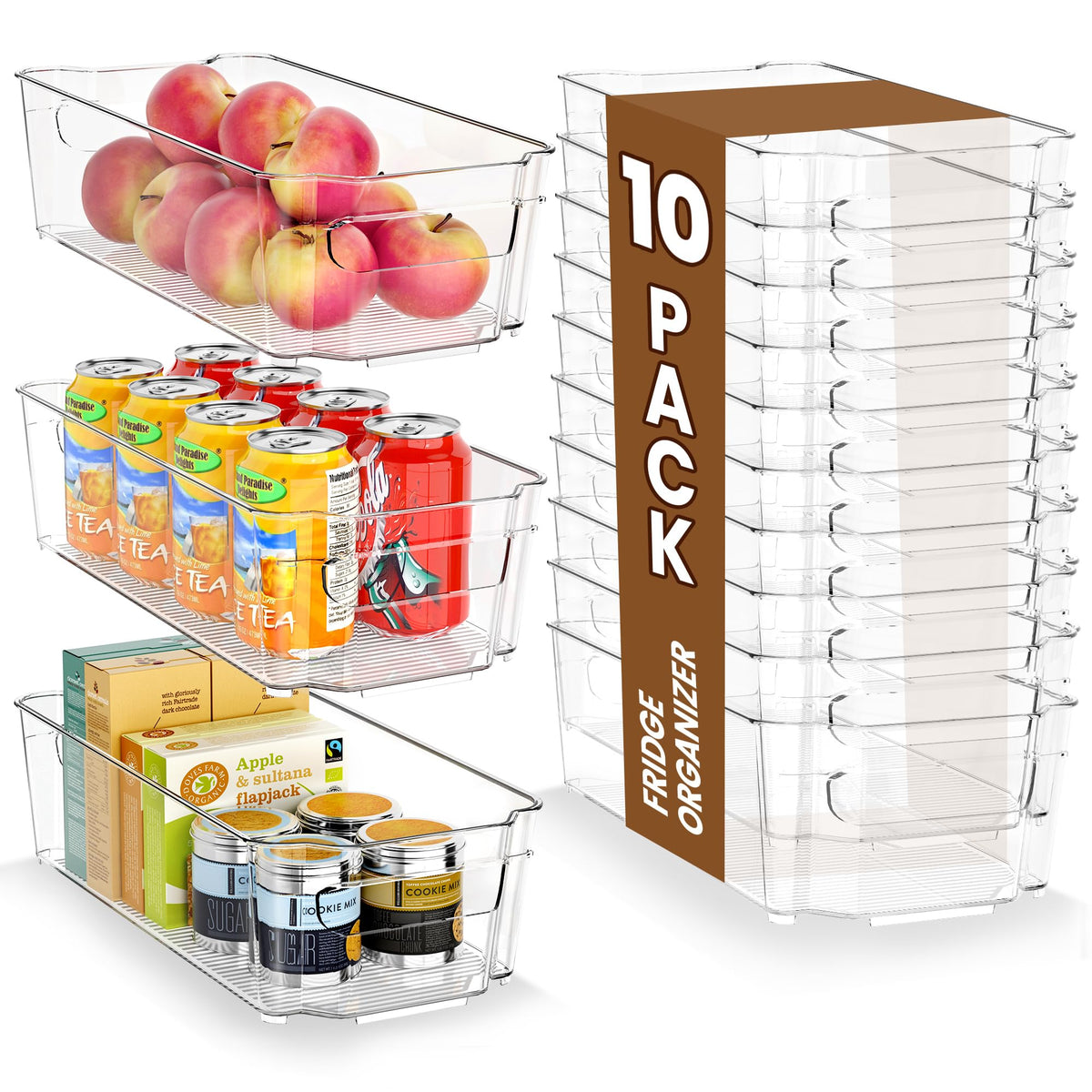 Clear Fridge Organizer, Refrigerator Organizer Bins with Handle, Freezer, Kitchen Cabinet, Pantry Organization, BPA Free Fridge Organizers (12.4 inch 2 Pack)